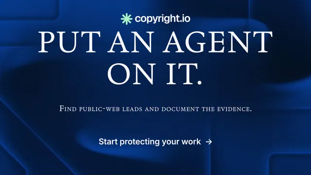 Landscape graphic for copyright.io: "Put an agent on it." Minimal luxury style, smallcaps layout, dark palette in blue, black.