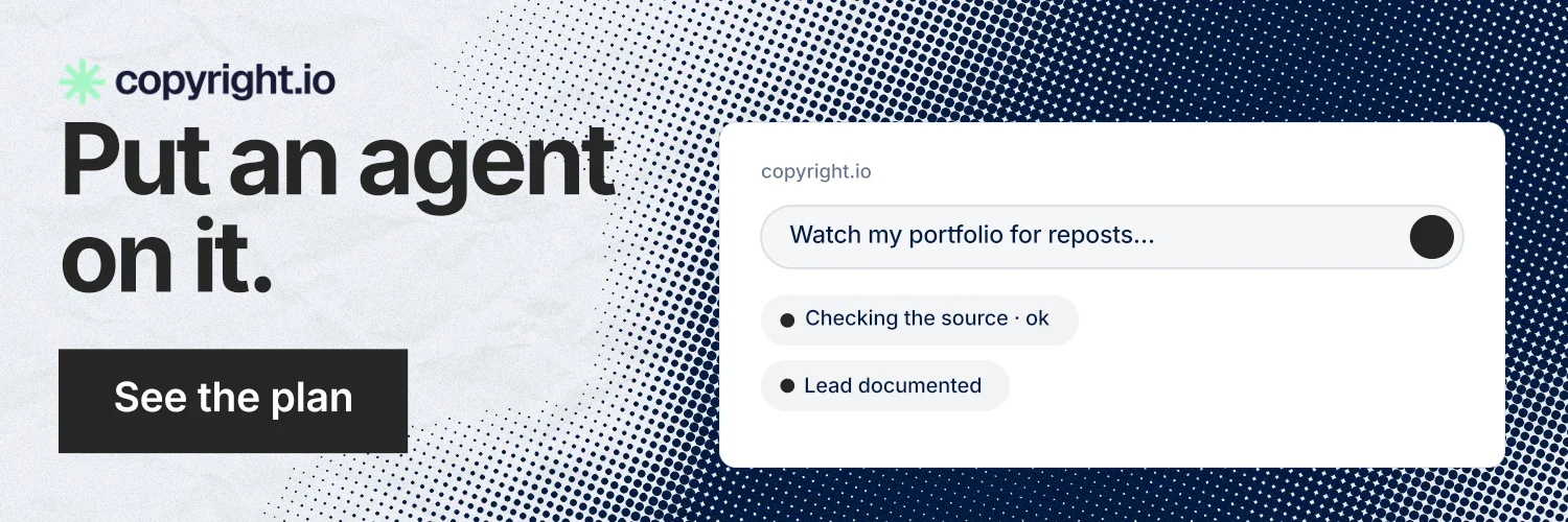 X header for copyright.io: "Put an agent on it." Swiss style, skeleton layout, light palette in white, blue, grey.