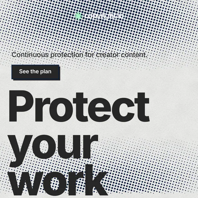 Instagram post for copyright.io: "Reposts don't remove themselves." Brutalist style, oversized layout, light palette in grey, white.