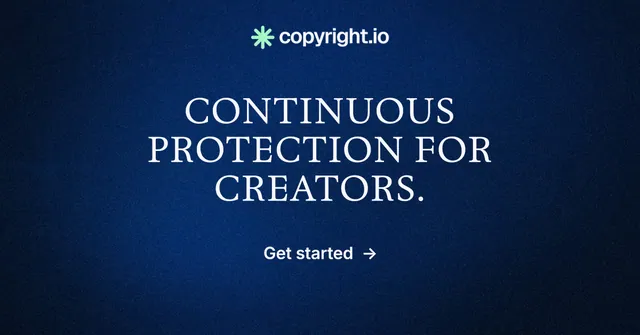 Social ad for copyright.io: "Continuous protection for creators." Minimal luxury style, centred layout, dark palette in blue, black.