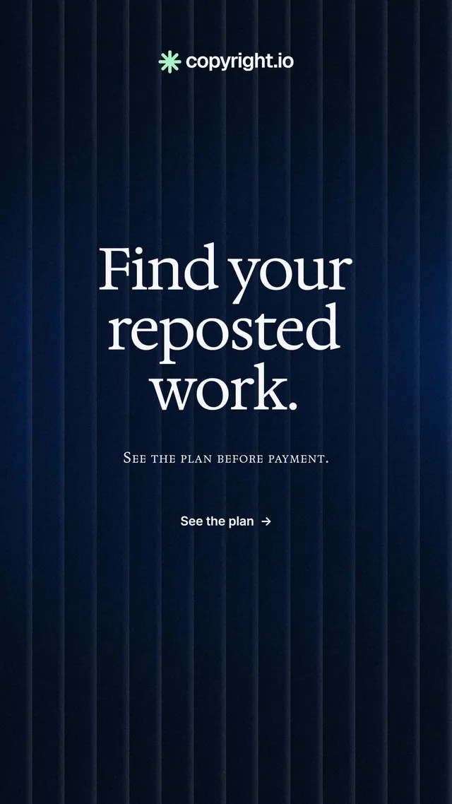 Instagram story for copyright.io: "Find your reposted work." Minimal luxury style, smallcaps layout, dark palette in black, blue.