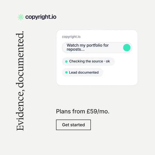 Instagram post for copyright.io: "Evidence, documented." Editorial style, vertical layout, light palette in white.