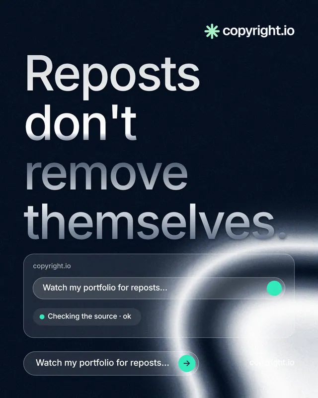 Instagram portrait post for copyright.io: "Reposts don't remove themselves." Agentic glass style, poster layout, dark palette in black, blue, grey.