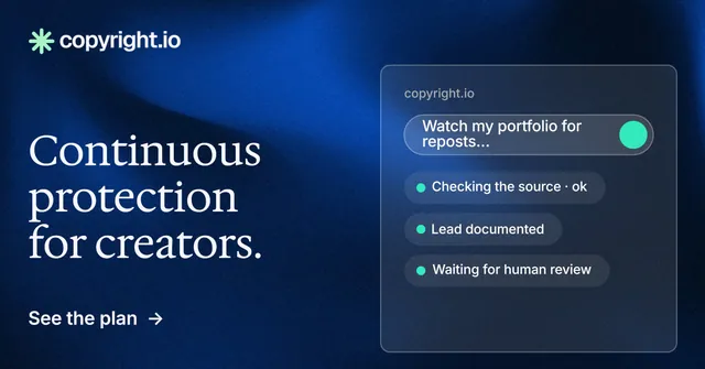 Social ad for copyright.io: "Continuous protection for creators." Minimal luxury style, bottom layout, dark palette in blue, black.