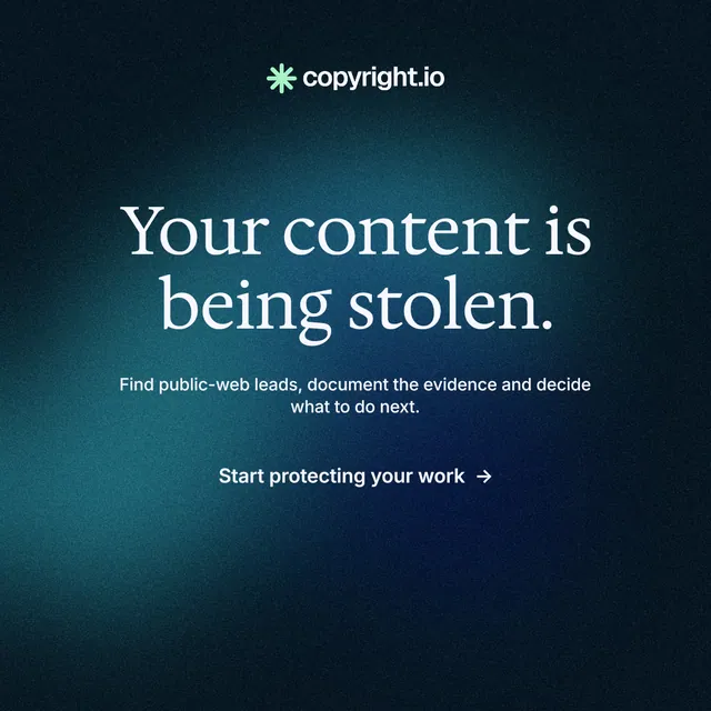 Instagram post for copyright.io: "Your content is being stolen." Minimal luxury style, centred layout, dark palette in blue, black.