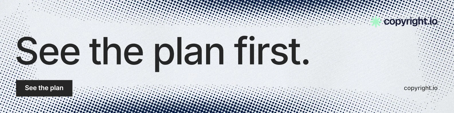 LinkedIn banner for copyright.io: "See the plan first." Swiss style, poster layout, light palette in white, grey.