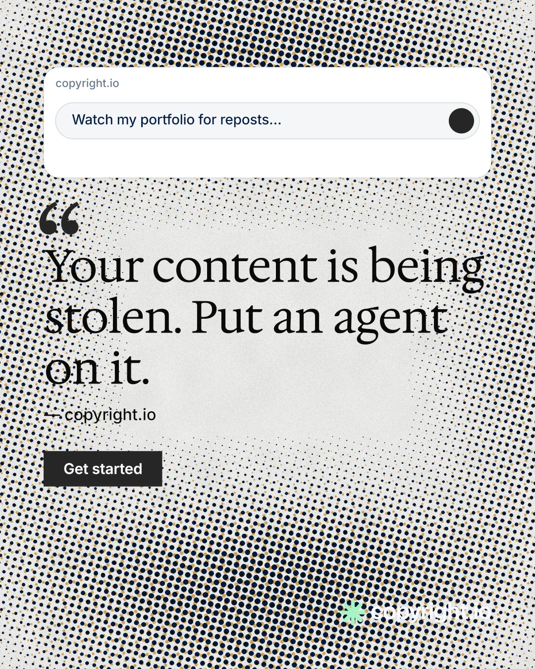 Instagram portrait post for copyright.io: "Reposts don't remove themselves." Retro print style, quote layout, light palette in grey, white.