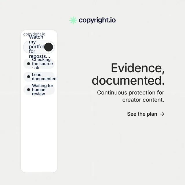 Instagram post for copyright.io: "Evidence, documented." Minimal luxury style, right layout, light palette in white.