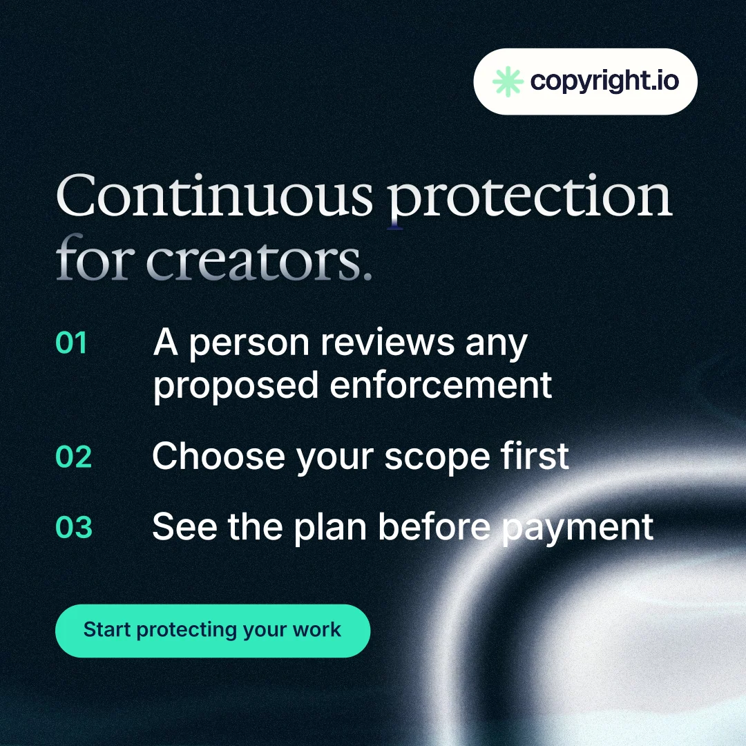 Instagram post for copyright.io: "Continuous protection for creators." Y2K style, numbered layout, dark palette in black, grey, teal.