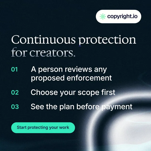 Instagram post for copyright.io: "Continuous protection for creators." Y2K style, numbered layout, dark palette in black, grey, teal.
