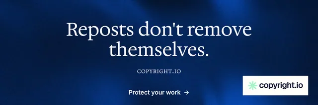 X header for copyright.io: "Reposts don't remove themselves." Minimal luxury style, smallcaps layout, dark palette in blue.