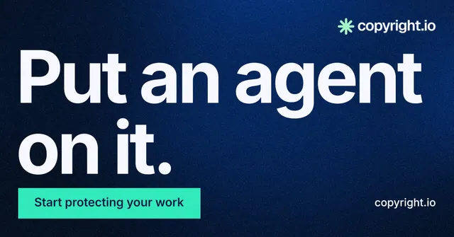 Social ad for copyright.io: "Put an agent on it." Swiss style, poster layout, dark palette in blue, black, teal.