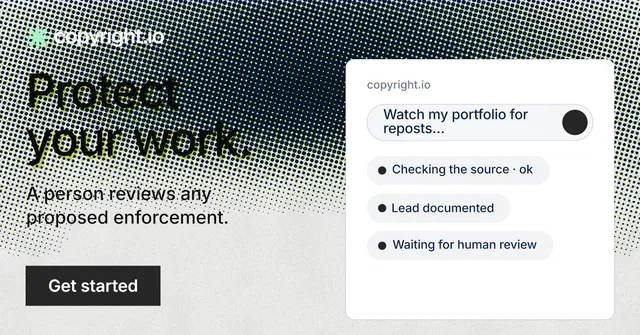 Social ad for copyright.io: "Protect your work." Swiss style, bottom layout, light palette in white, black, grey.