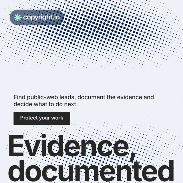 Instagram post for copyright.io: "Your content is being stolen." Swiss style, oversized layout, light palette in white, grey.