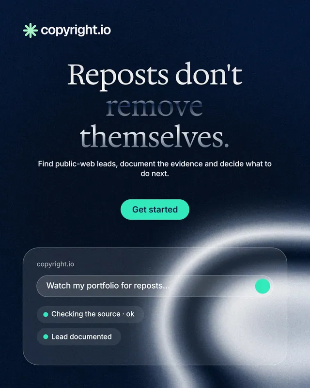 Instagram portrait post for copyright.io: "Reposts don't remove themselves." Y2K style, centred layout, dark palette in blue, black, grey.