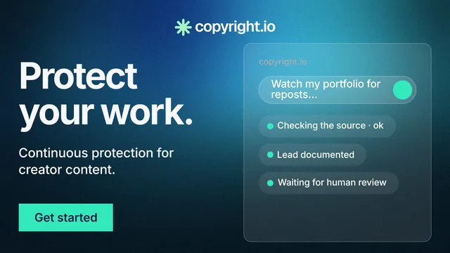 Landscape graphic for copyright.io: "Protect your work." Swiss style, bottom layout, dark palette in teal, black, blue.