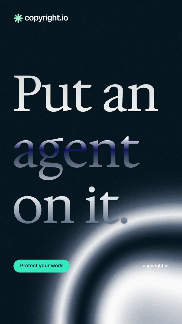 Instagram story for copyright.io: "Put an agent on it." Y2K style, poster layout, dark palette in black, grey.