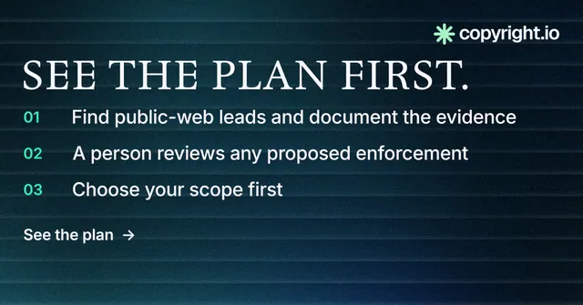 Social ad for copyright.io: "See the plan first." Minimal luxury style, numbered layout, dark palette in blue, black, grey.