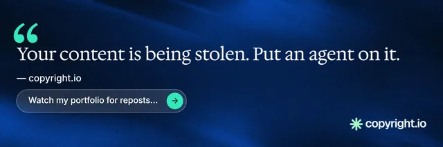 X header for copyright.io: "Reposts don't remove themselves." Agentic glass style, quote layout, dark palette in blue, black.