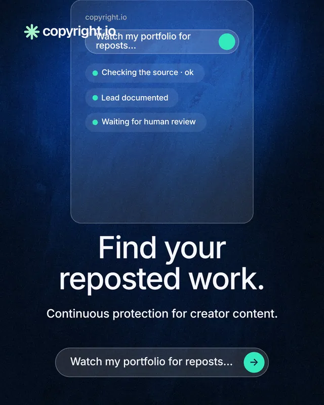 Instagram portrait post for copyright.io: "Find your reposted work." Agentic glass style, skeleton layout, dark palette in blue, black.