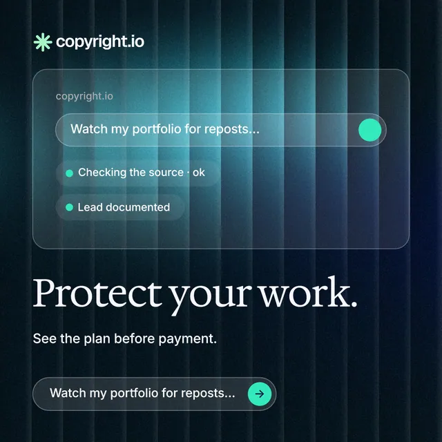 Instagram post for copyright.io: "Protect your work." Agentic glass style, bottom layout, dark palette in black, blue, teal.