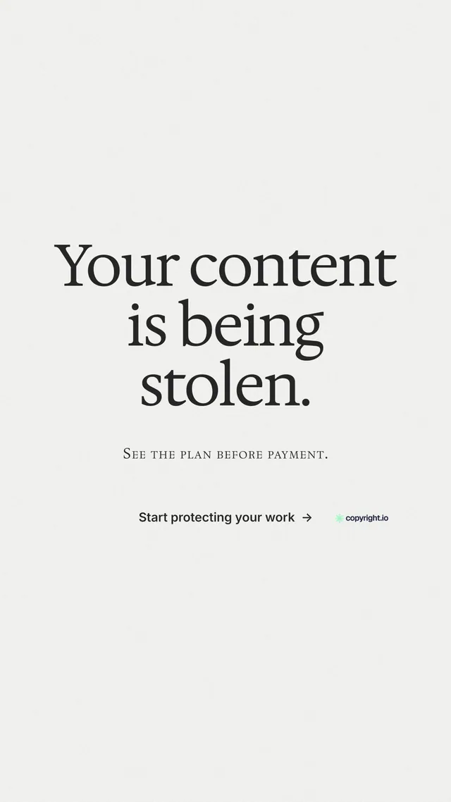 Instagram story for copyright.io: "Your content is being stolen." Minimal luxury style, smallcaps layout, light palette in white, grey.