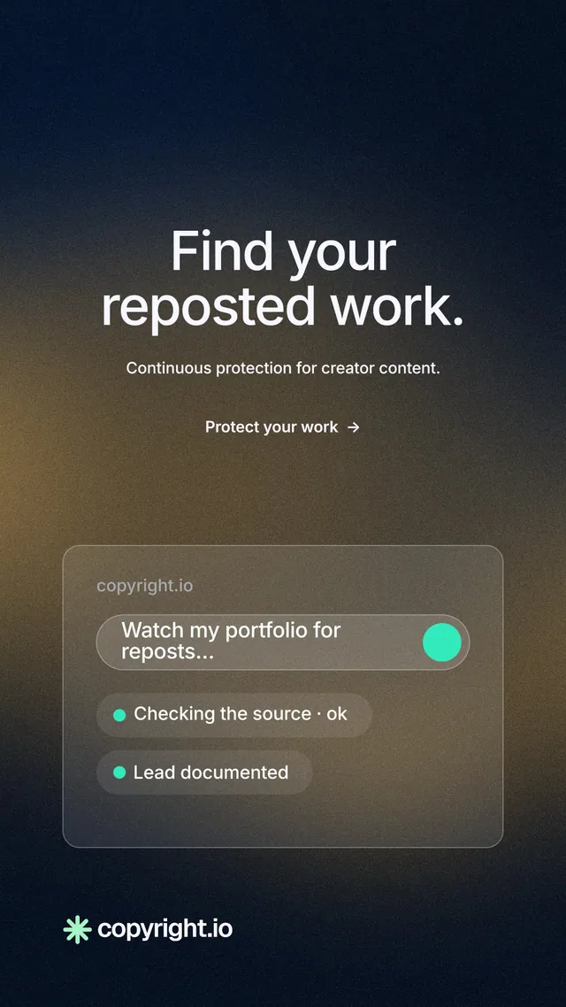 Instagram story for copyright.io: "Find your reposted work." Minimal luxury style, centred layout, dark palette in black, grey, blue.