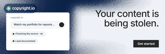 X header for copyright.io: "Your content is being stolen." Split block style, right layout, light palette in white, blue, grey.