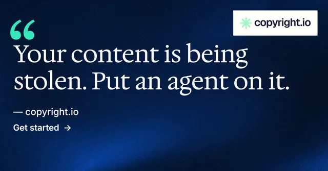 Social ad for copyright.io: "Continuous protection for creators." Minimal luxury style, quote layout, dark palette in blue, black, grey.
