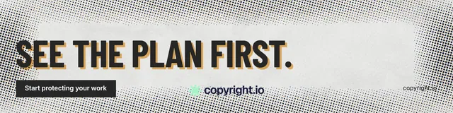 LinkedIn banner for copyright.io: "See the plan first." Retro print style, poster layout, light palette in grey, white.