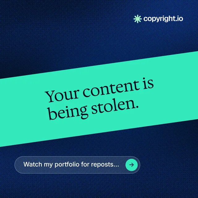 Instagram post for copyright.io: "Your content is being stolen." Agentic glass style, diagonal layout, dark palette in blue, teal.