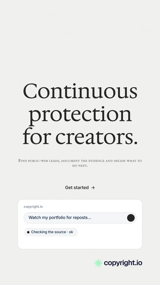 Instagram story for copyright.io: "Continuous protection for creators." Minimal luxury style, smallcaps layout, light palette in white.