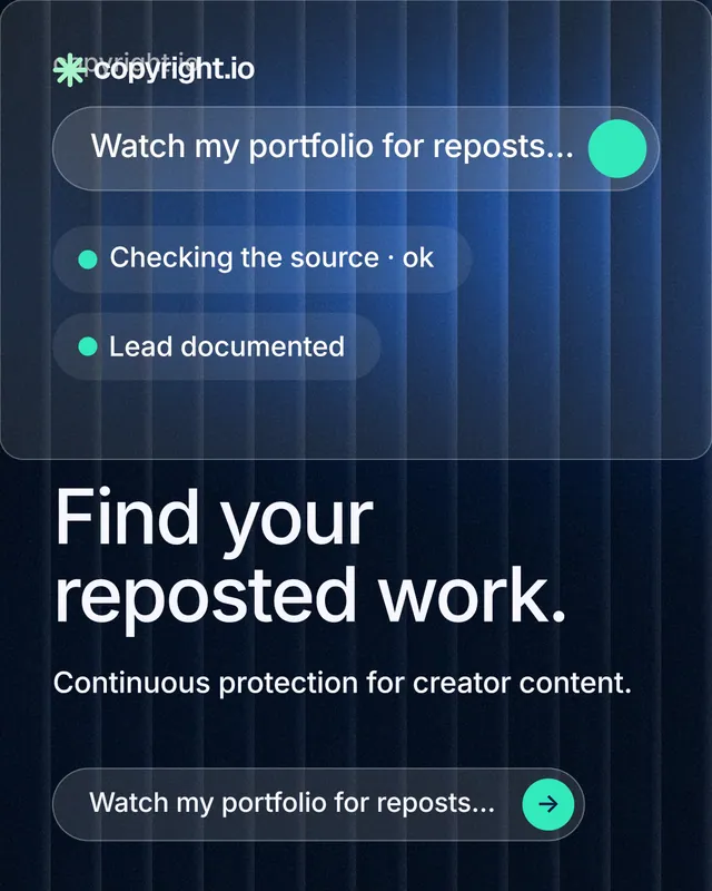 Instagram portrait post for copyright.io: "Find your reposted work." Agentic glass style, skeleton layout, dark palette in black, blue.