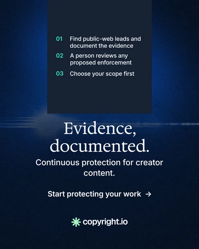 Instagram portrait post for copyright.io: "Evidence, documented." Minimal luxury style, skeleton layout, dark palette in black, blue.