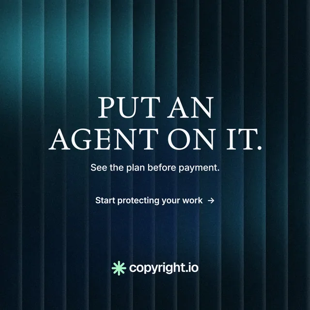 Instagram post for copyright.io: "Put an agent on it." Minimal luxury style, centred layout, dark palette in blue, black.