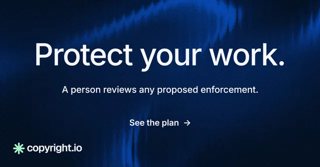 Social ad for copyright.io: "Protect your work." Minimal luxury style, centred layout, dark palette in blue, black.