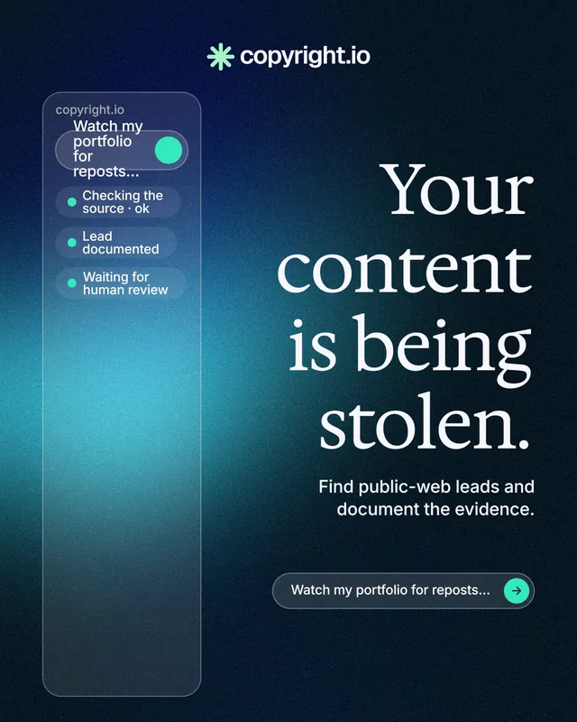 Instagram portrait post for copyright.io: "Your content is being stolen." Agentic glass style, right layout, dark palette in black, blue.