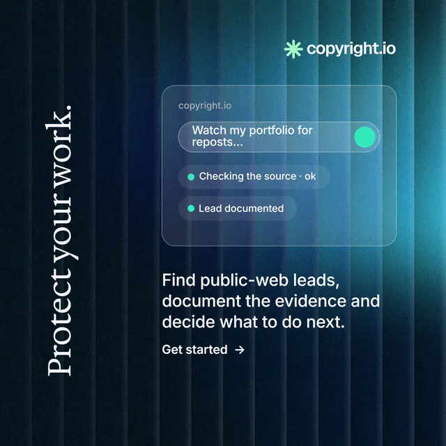 Instagram post for copyright.io: "Protect your work." Minimal luxury style, vertical layout, dark palette in blue, black.