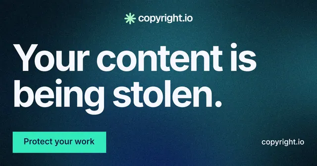 Social ad for copyright.io: "Your content is being stolen." Swiss style, poster layout, dark palette in teal, blue.