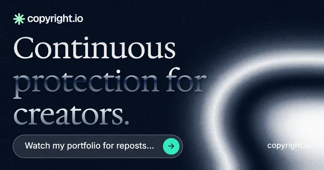 Social ad for copyright.io: "Continuous protection for creators." Agentic glass style, poster layout, dark palette in black, blue, grey.