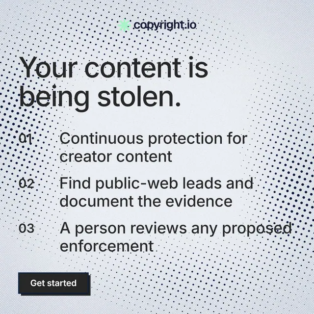 Instagram post for copyright.io: "Your content is being stolen." Brutalist style, numbered layout, light palette in white, blue, grey.