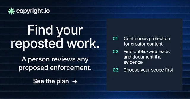 Social ad for copyright.io: "Find your reposted work." Minimal luxury style, skeleton layout, dark palette in blue, black, grey.