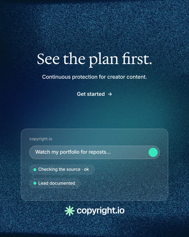 Instagram portrait post for copyright.io: "See the plan first." Minimal luxury style, centred layout, dark palette in blue.