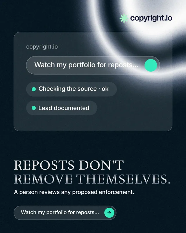 Instagram portrait post for copyright.io: "Reposts don't remove themselves." Agentic glass style, bottom layout, dark palette in black, blue, grey.