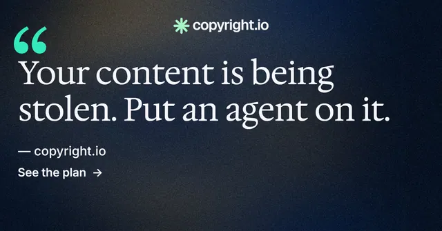 Social ad for copyright.io: "Reposts don't remove themselves." Minimal luxury style, quote layout, dark palette in blue, black, grey.
