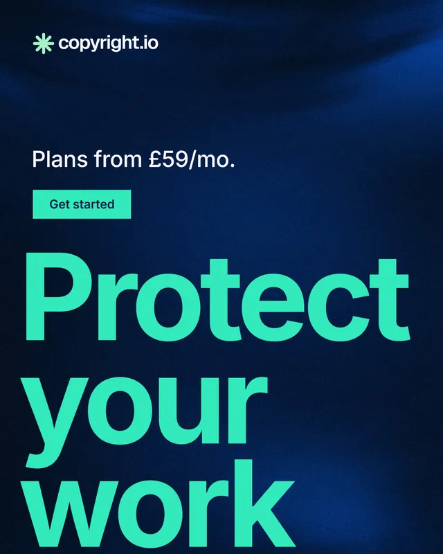 Instagram portrait post for copyright.io: "See the plan first." Swiss style, oversized layout, dark palette in blue, teal, black.