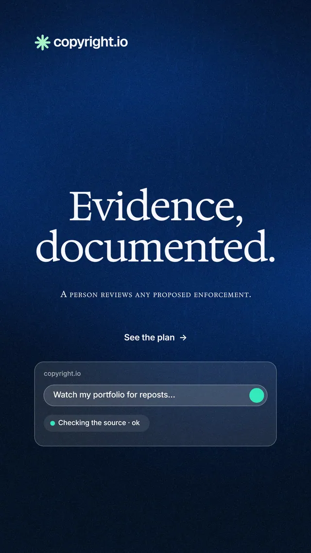 Instagram story for copyright.io: "Evidence, documented." Minimal luxury style, smallcaps layout, dark palette in blue, black.
