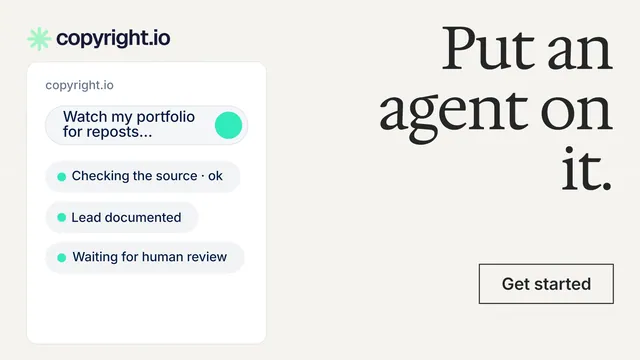 Landscape graphic for copyright.io: "Put an agent on it." Editorial style, right layout, light palette in white, grey.