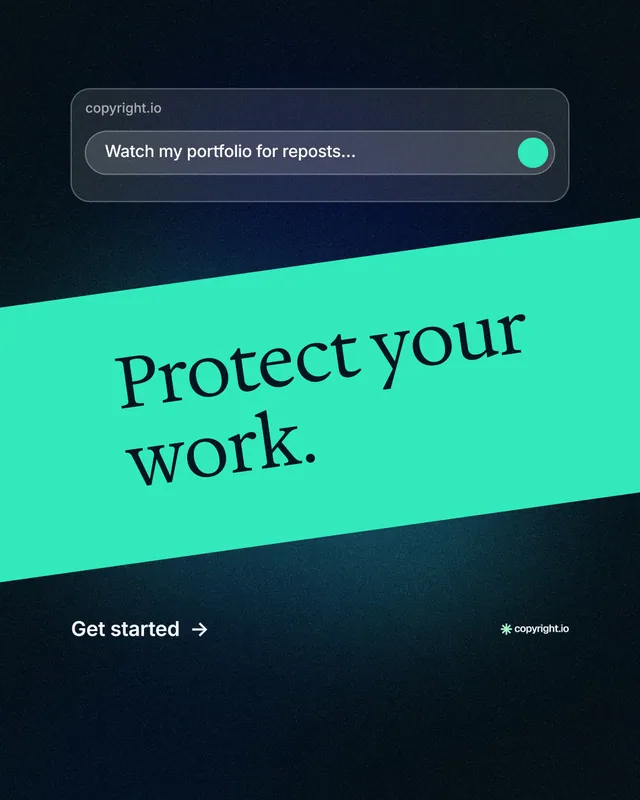 Instagram portrait post for copyright.io: "Protect your work." Minimal luxury style, diagonal layout, dark palette in teal, black.