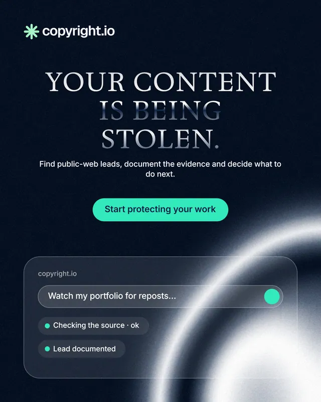 Instagram portrait post for copyright.io: "Your content is being stolen." Y2K style, centred layout, dark palette in black, blue, grey.